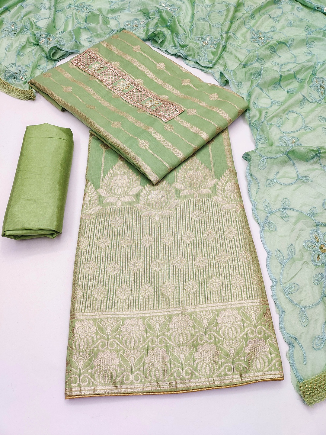 

SHADOW & SAINING Floral Woven Design Unstitched Dress Material, Sea green