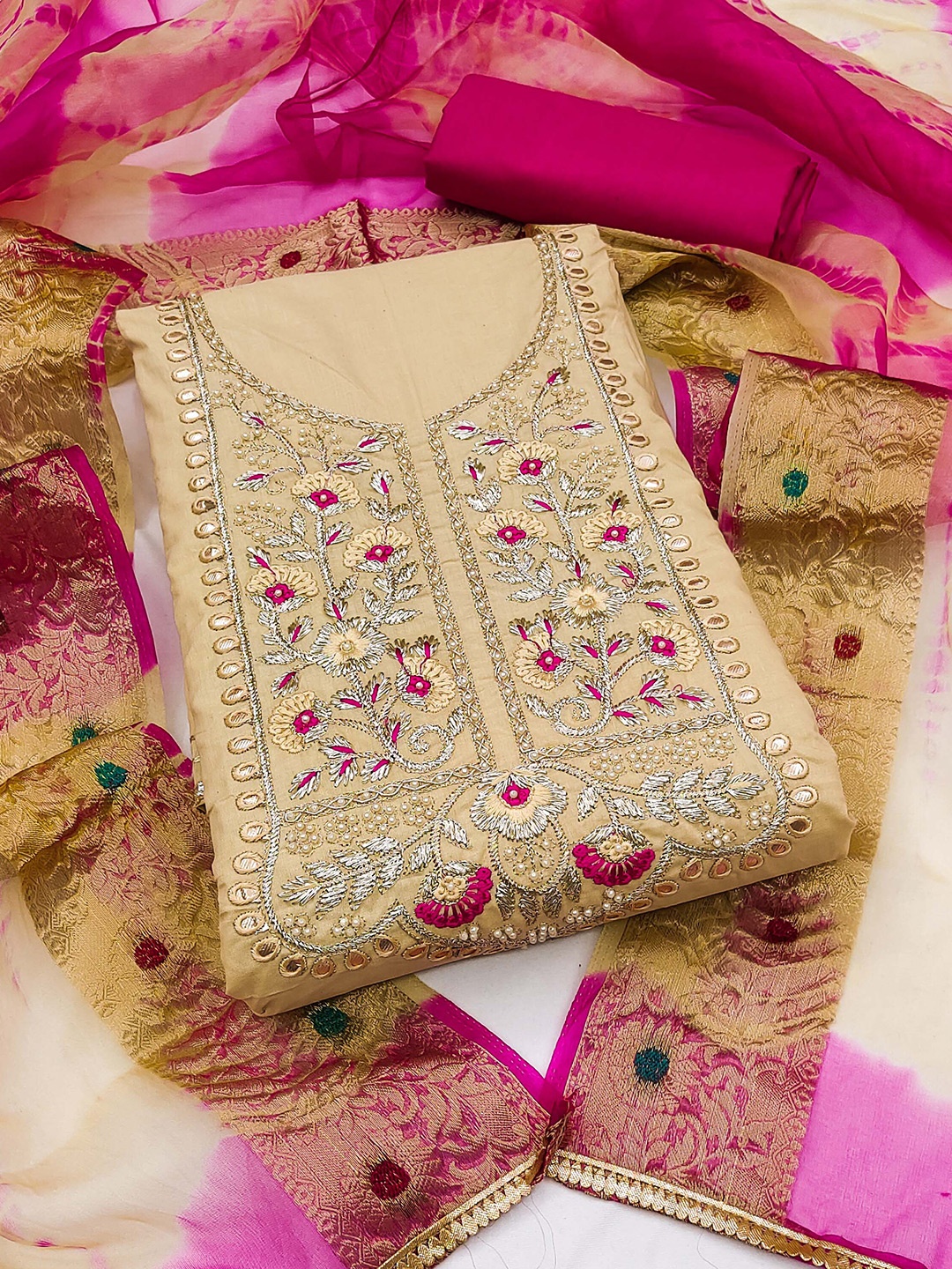 

SHADOW & SAINING Embroidered Unstitched Dress Material, Beige