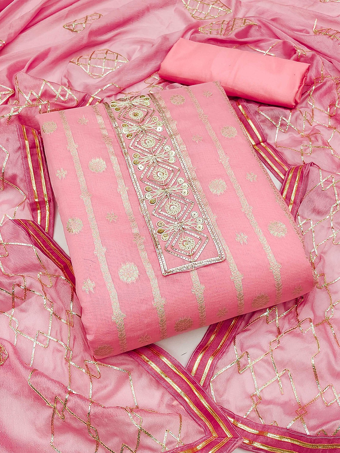 

SHADOW & SAINING Ethnic Motif Woven Zari Detail Unstitched Dress Material, Pink