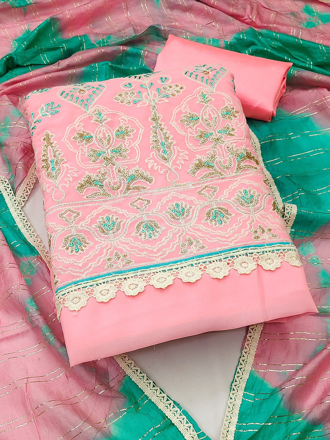 

SHADOW & SAINING Embroidered Unstitched Dress Material, Pink
