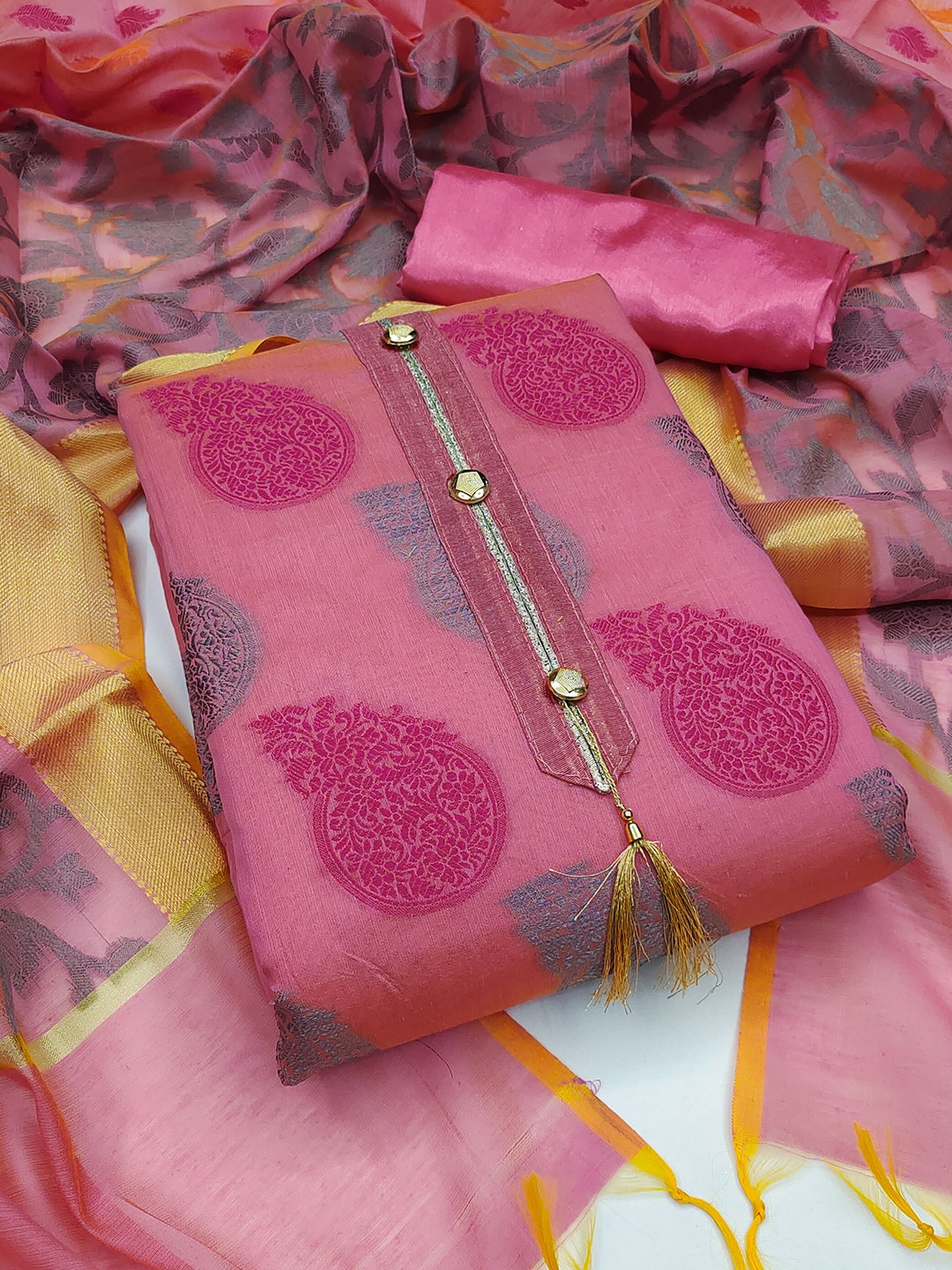 

SHADOW & SAINING Ethnic Motif Woven Design Banarasi Jacquard Unstitched Dress Material, Pink