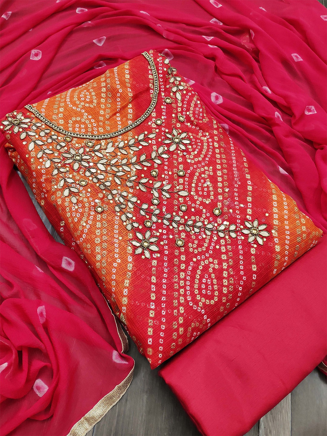 

SHADOW & SAINING Bandhani Printed Beads & Stones Unstitched Dress Material, Pink