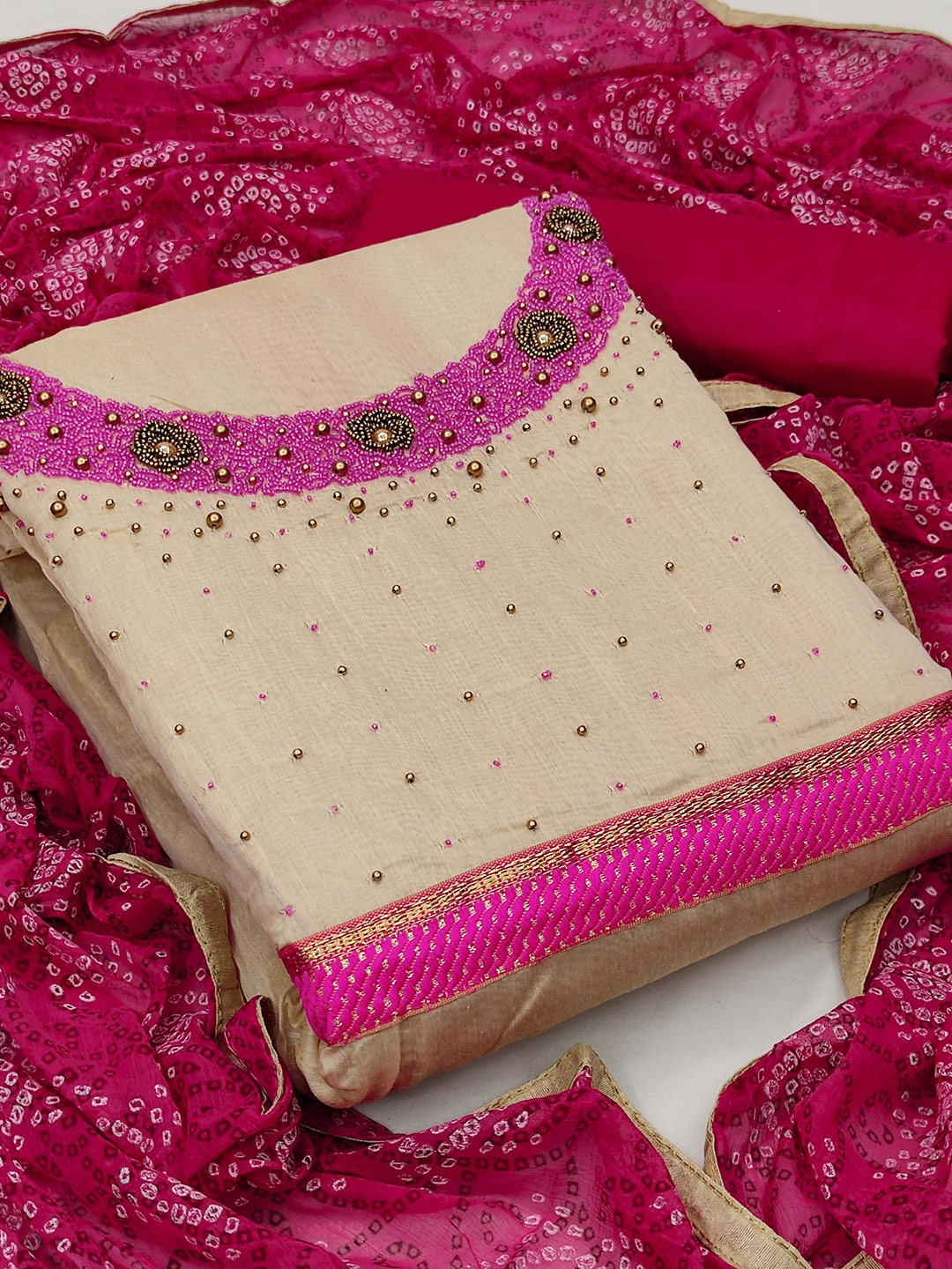 

SHADOW & SAINING Beads and Stones Detailed Unstitched Dress Material, Beige