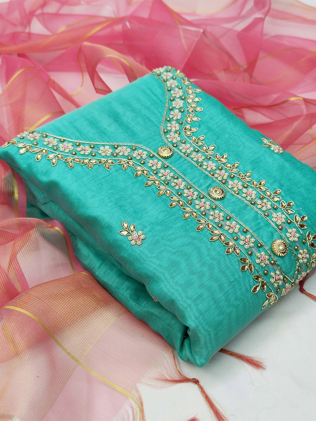 

SHADOW & SAINING Embellished Zardozi Unstitched Dress Material, Blue