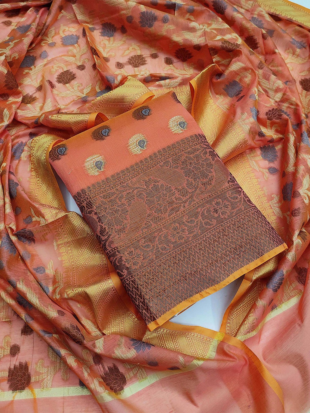 

SHADOW & SAINING Ethnic Motifs Woven Design Unstitched Dress Material, Peach