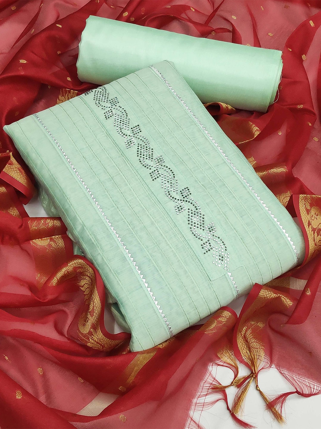 

SHADOW & SAINING Embellished Unstitched Dress Material, Sea green