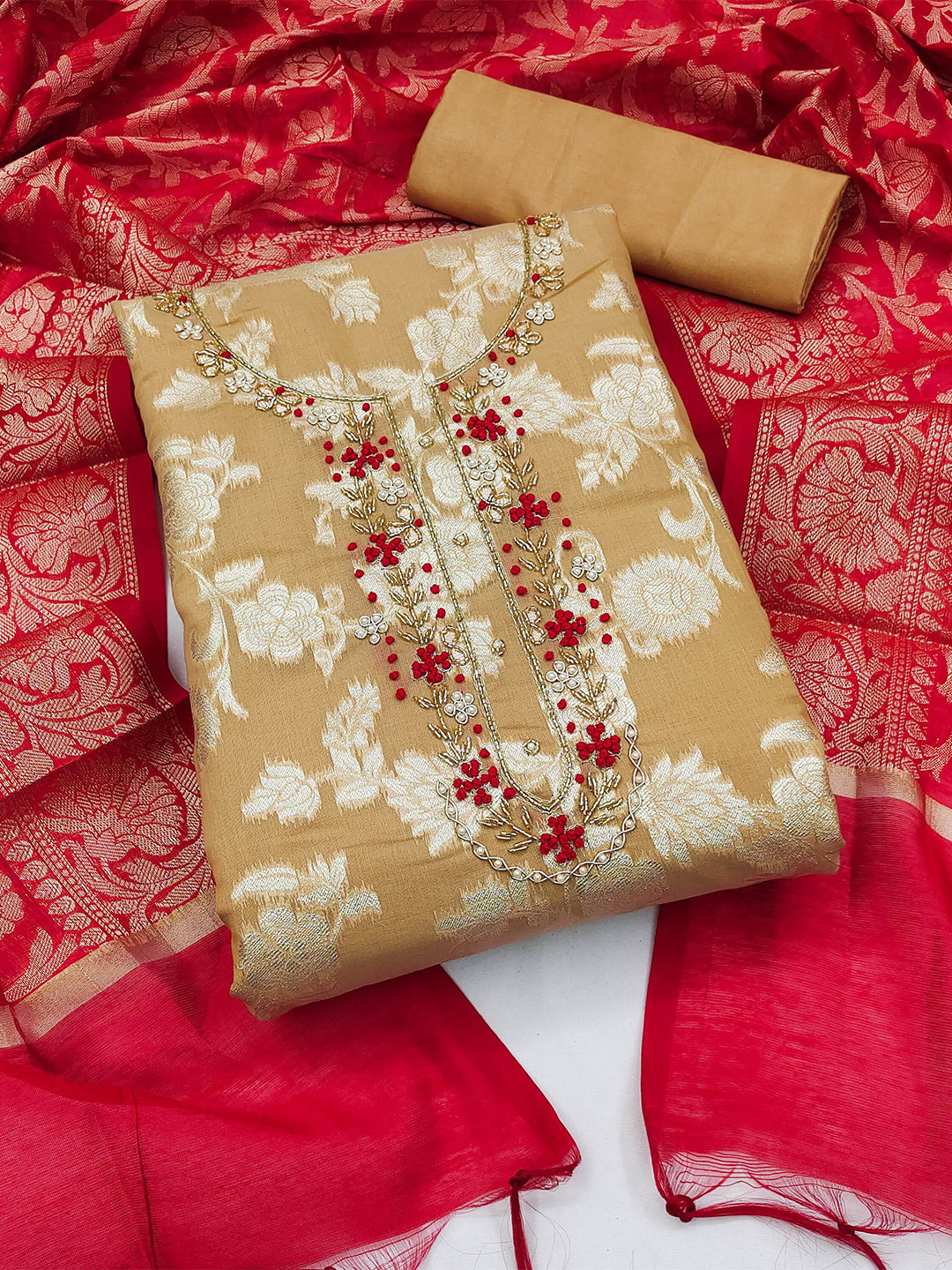 

SHADOW & SAINING Floral Woven Design Bead & Stones Detail Unstitched Dress Material, Beige