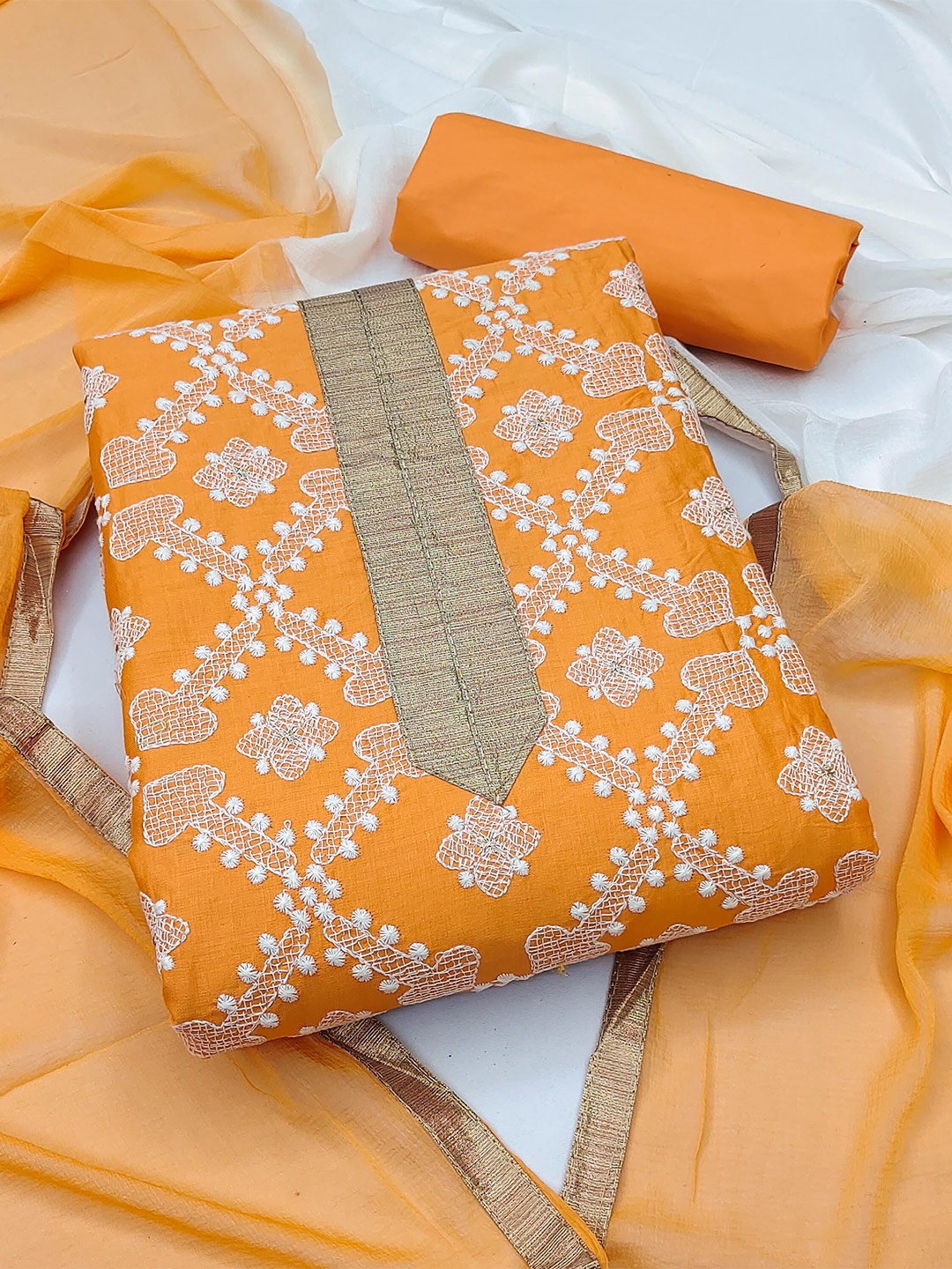 

SHADOW & SAINING Ethnic Motif Embroidered Unstitched Dress Material, Orange