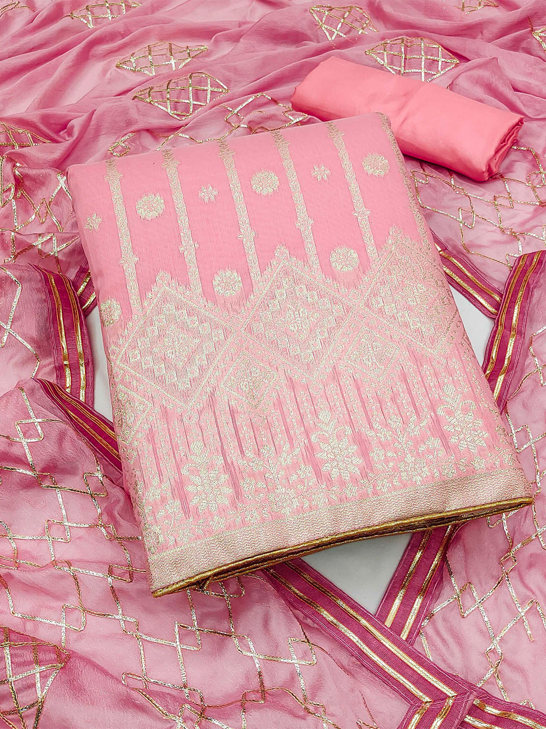 

SHADOW & SAINING Floral Woven Design Sequinned Unstitched Dress Material, Pink