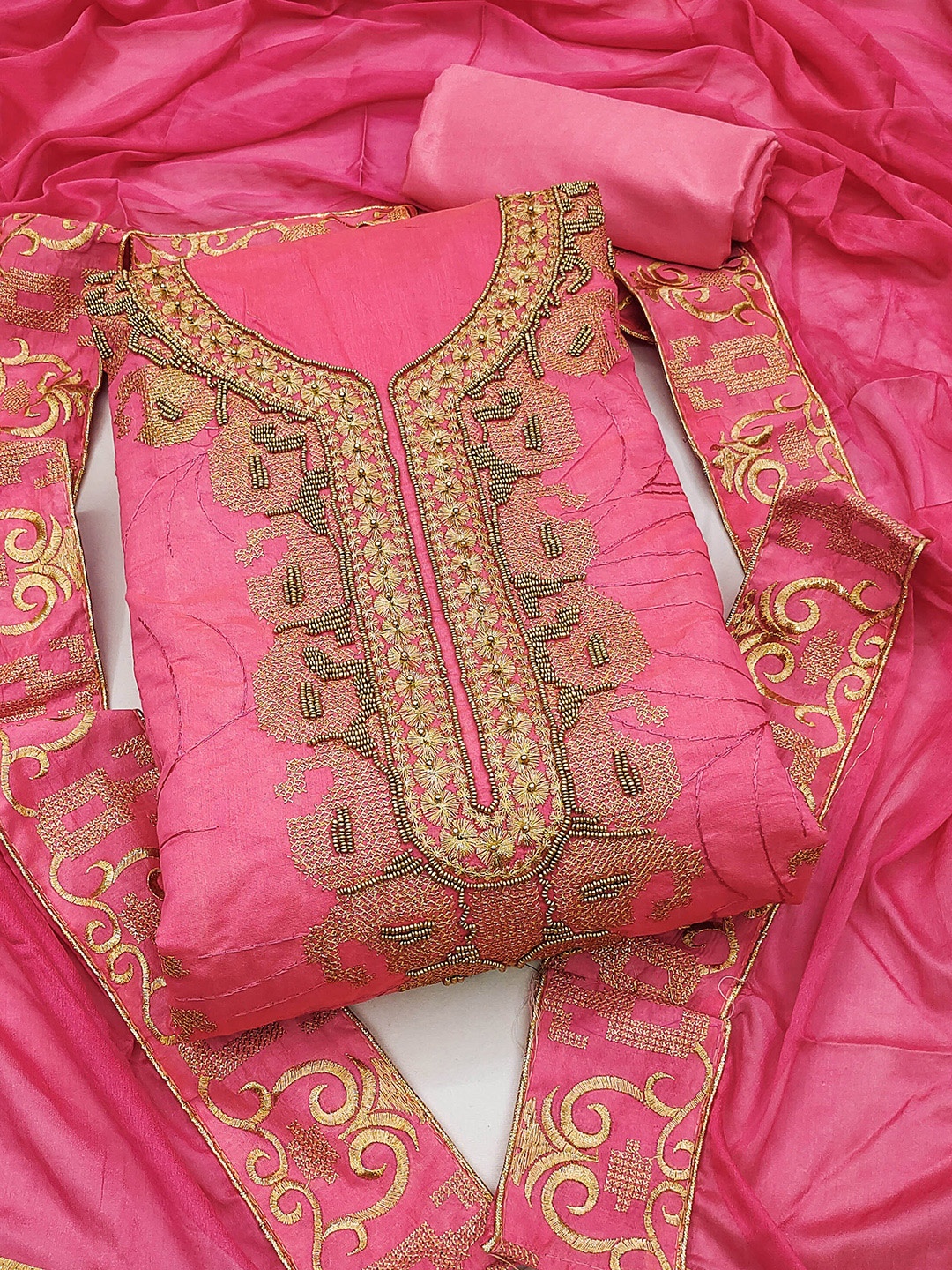 

SHADOW & SAINING Embellished Beads & Stones Unstitched Dress Material, Pink