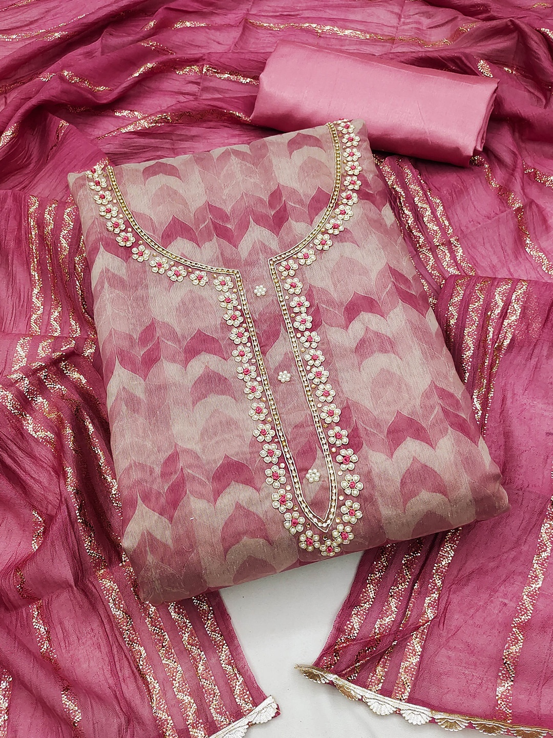 

SHADOW & SAINING Pink & Gold-Toned Printed Unstitched Dress Material