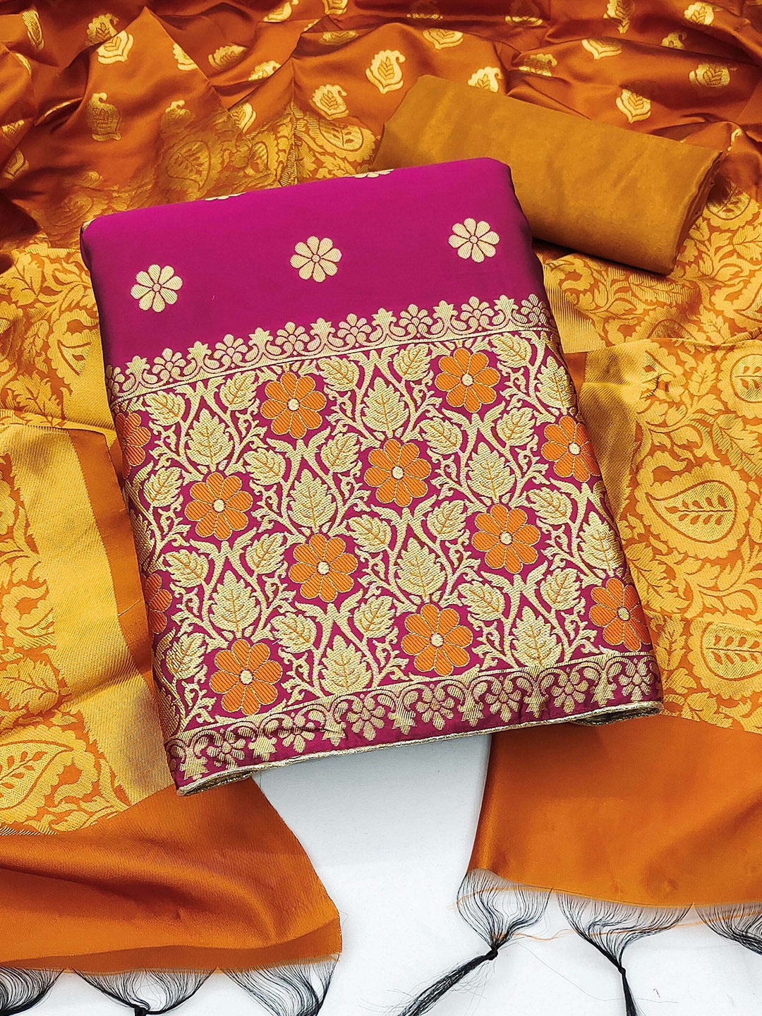 

SHADOW & SAINING Ethnic Motifs Woven Design Unstitched Dress Material, Pink
