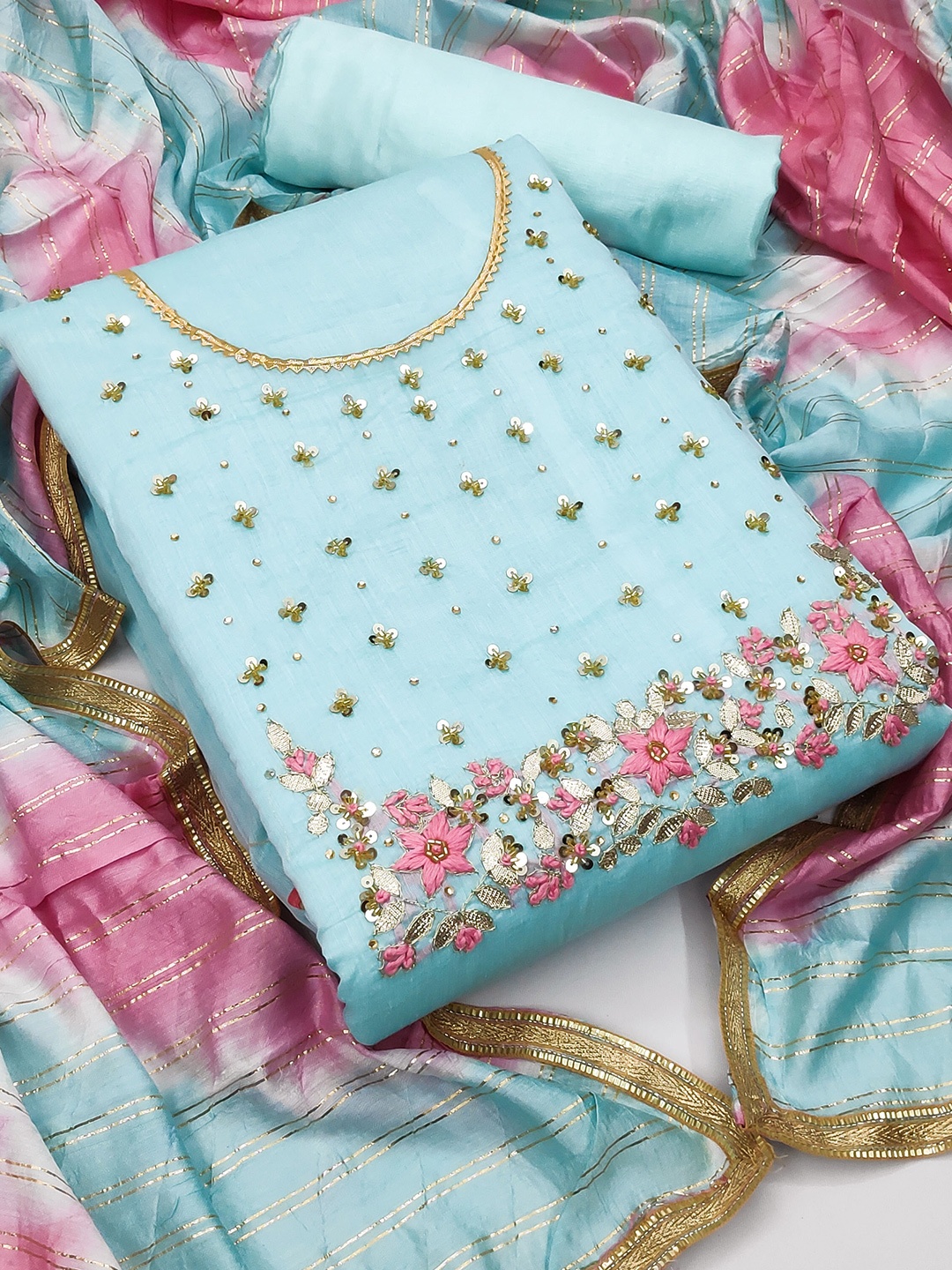 

SHADOW & SAINING Embellished Beads and Stones Unstitched Dress Material, Blue