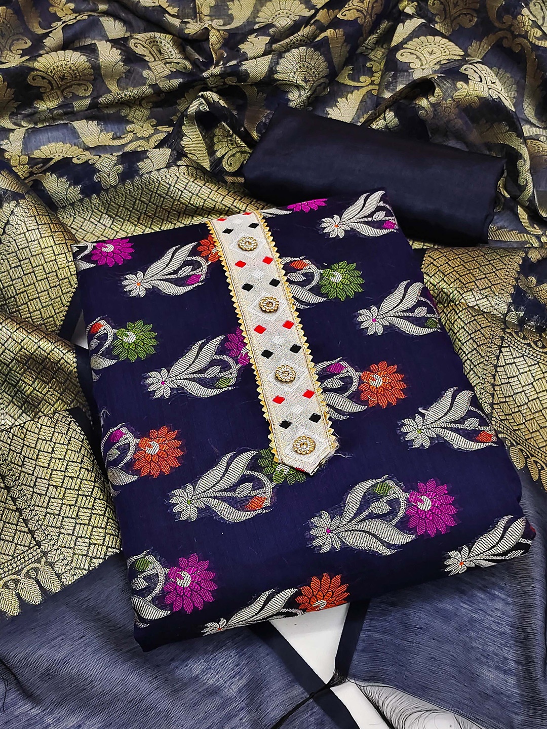 

SHADOW & SAINING Ethnic Motifs Woven Designed Zari Unstitched Dress Material, Blue