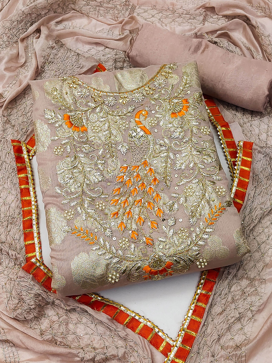 

SHADOW & SAINING Ethnic Motifs Woven Design Zari Detailed Unstitched Dress Material, Beige