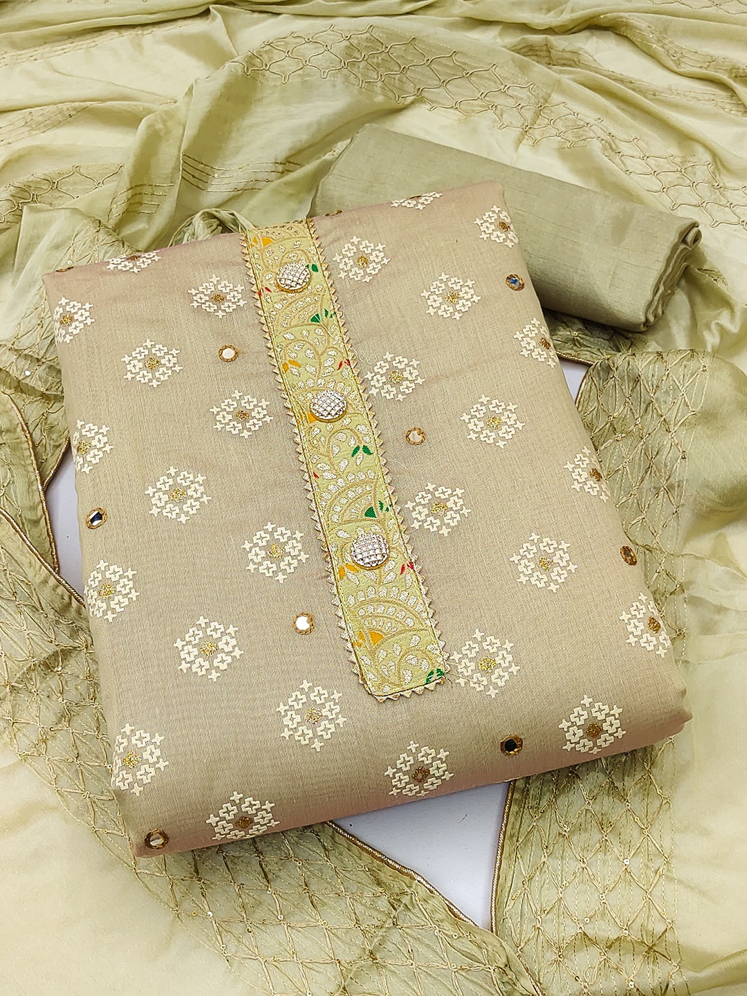 

SHADOW & SAINING Embroidered Unstitched Dress Material, Beige