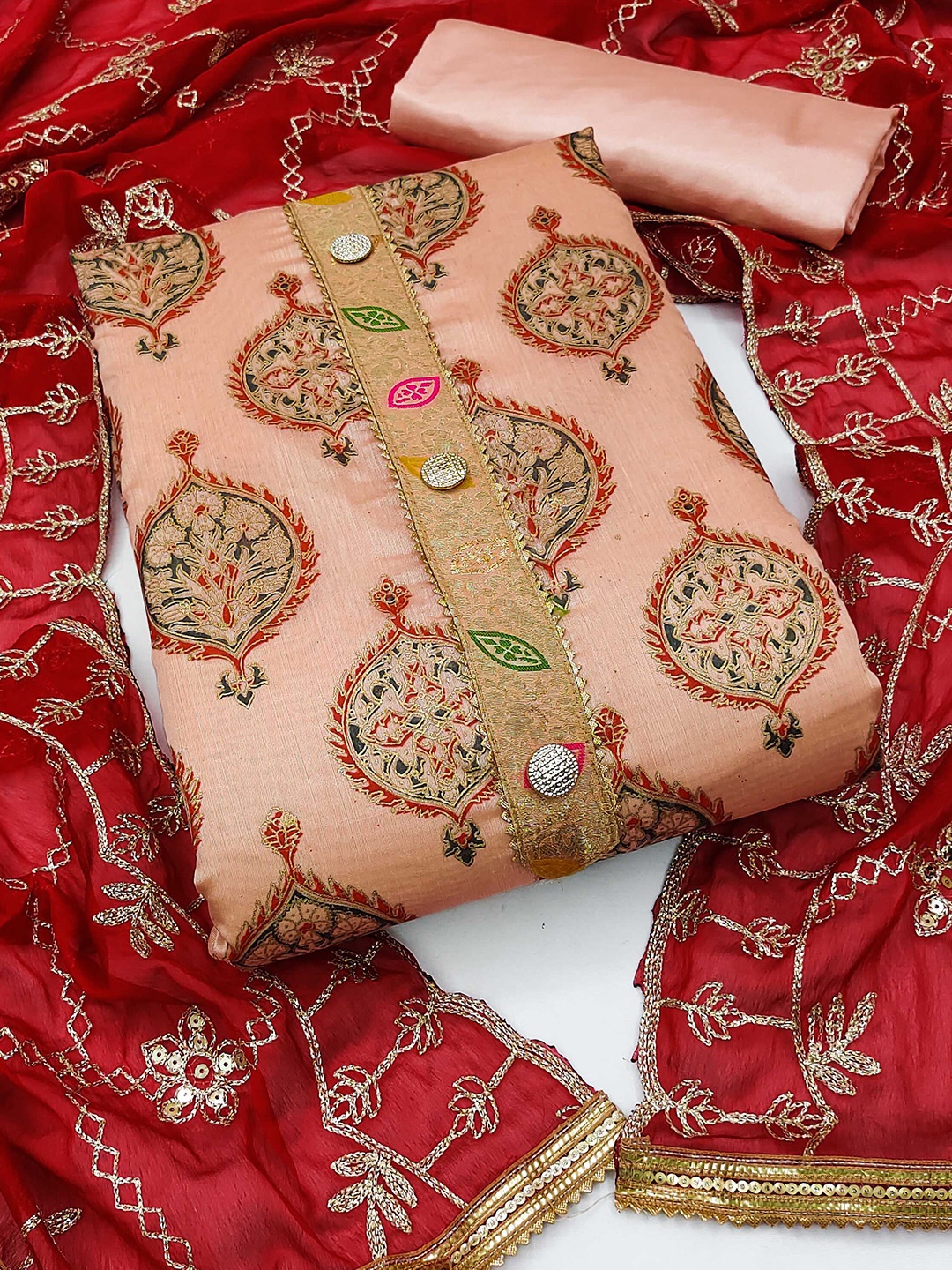 

SHADOW & SAINING Ethnic Motifs Embroidered Zari Unstitched Dress Material, Peach