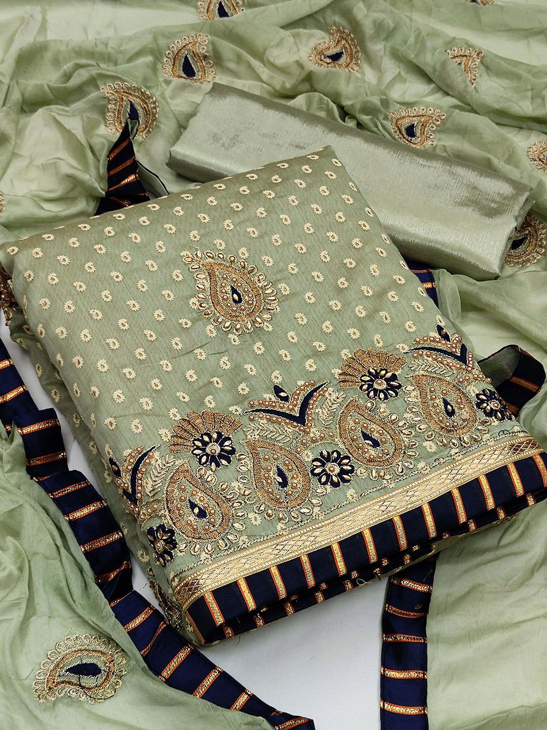 

SHADOW & SAINING Ethnic Motifs Embroidered Pure Cotton Unstitched Dress Material, Olive