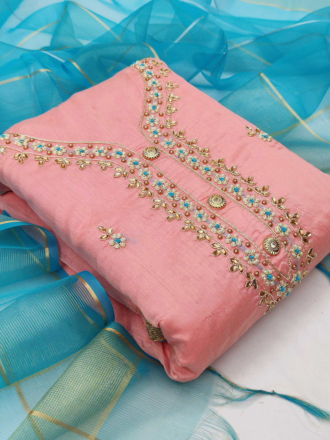 

SHADOW & SAINING Embellished Unstitched Dress Material, Pink