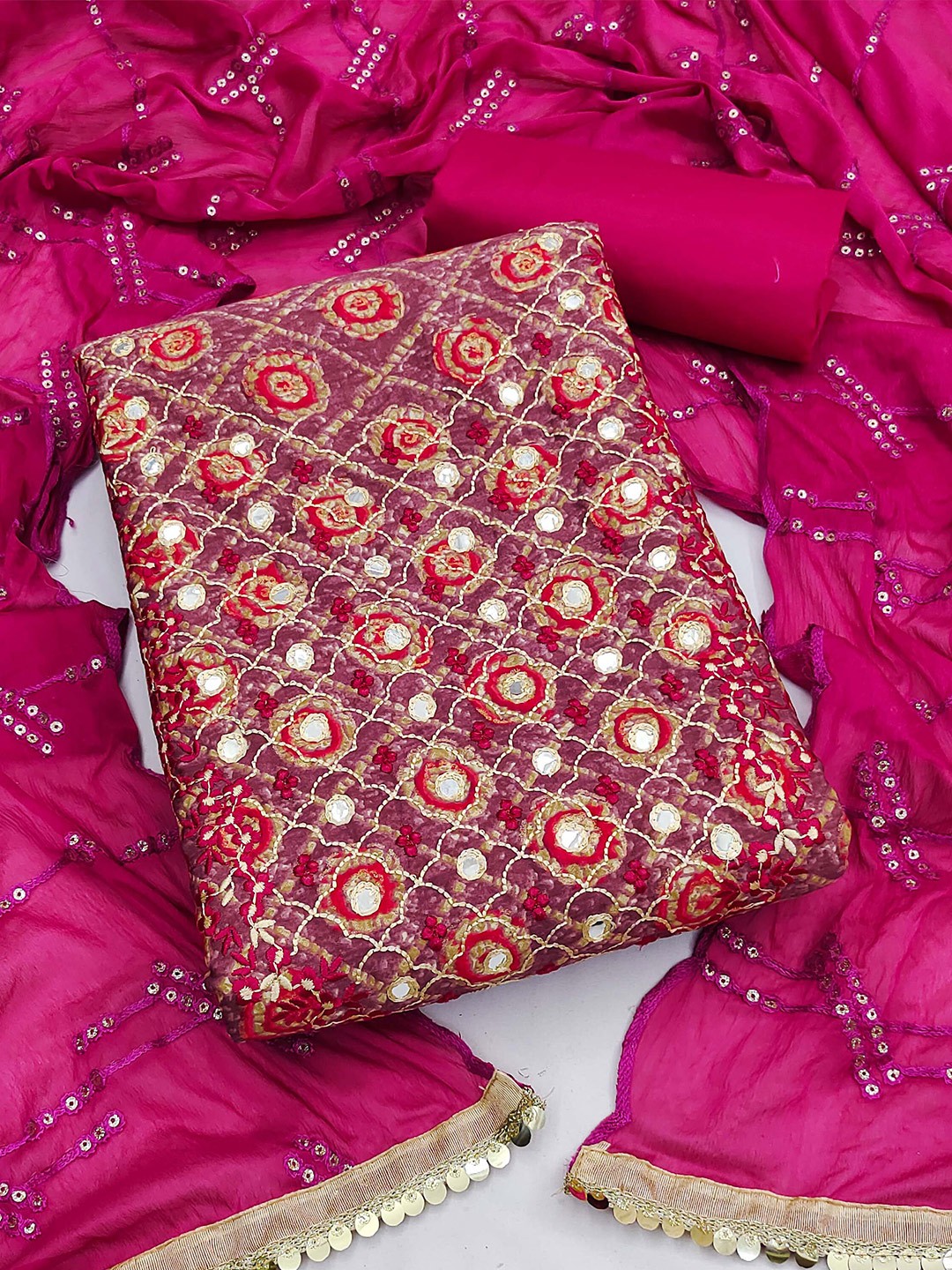 

SHADOW & SAINING Ethnic Motifs Embroidered Mirror Work Unstitched Dress Material, Pink