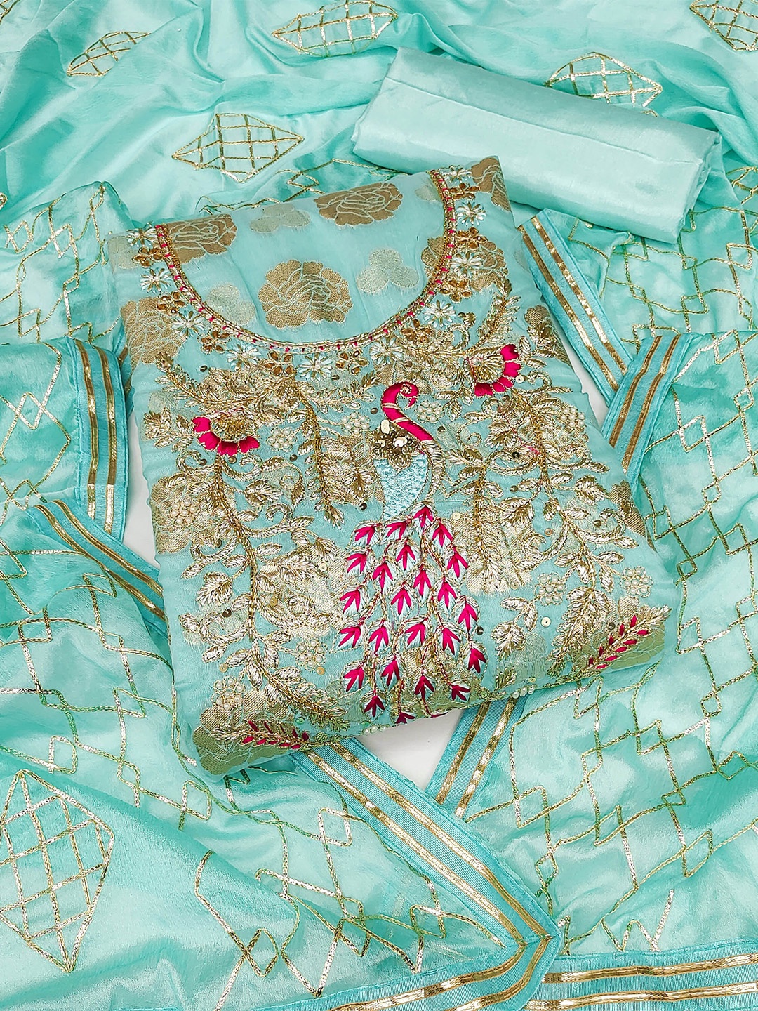 

SHADOW & SAINING Floral Embroidered Unstitched Dress Material, Sea green