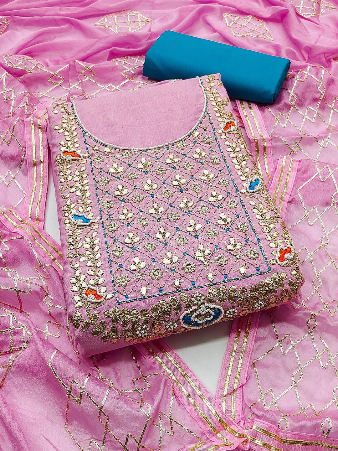 

SHADOW & SAINING Embellished Gotta Patti Unstitched Dress Material, Pink