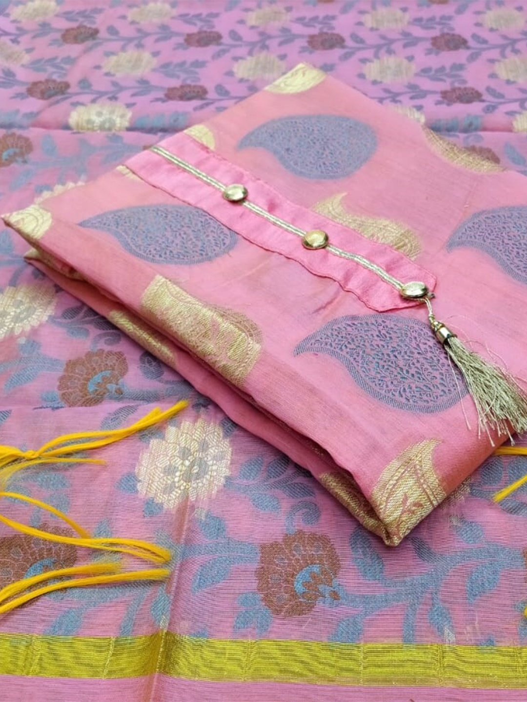 

SHADOW & SAINING Ethnic Motifs Woven Design Zari Jacquard Unstitched Dress Material, Pink