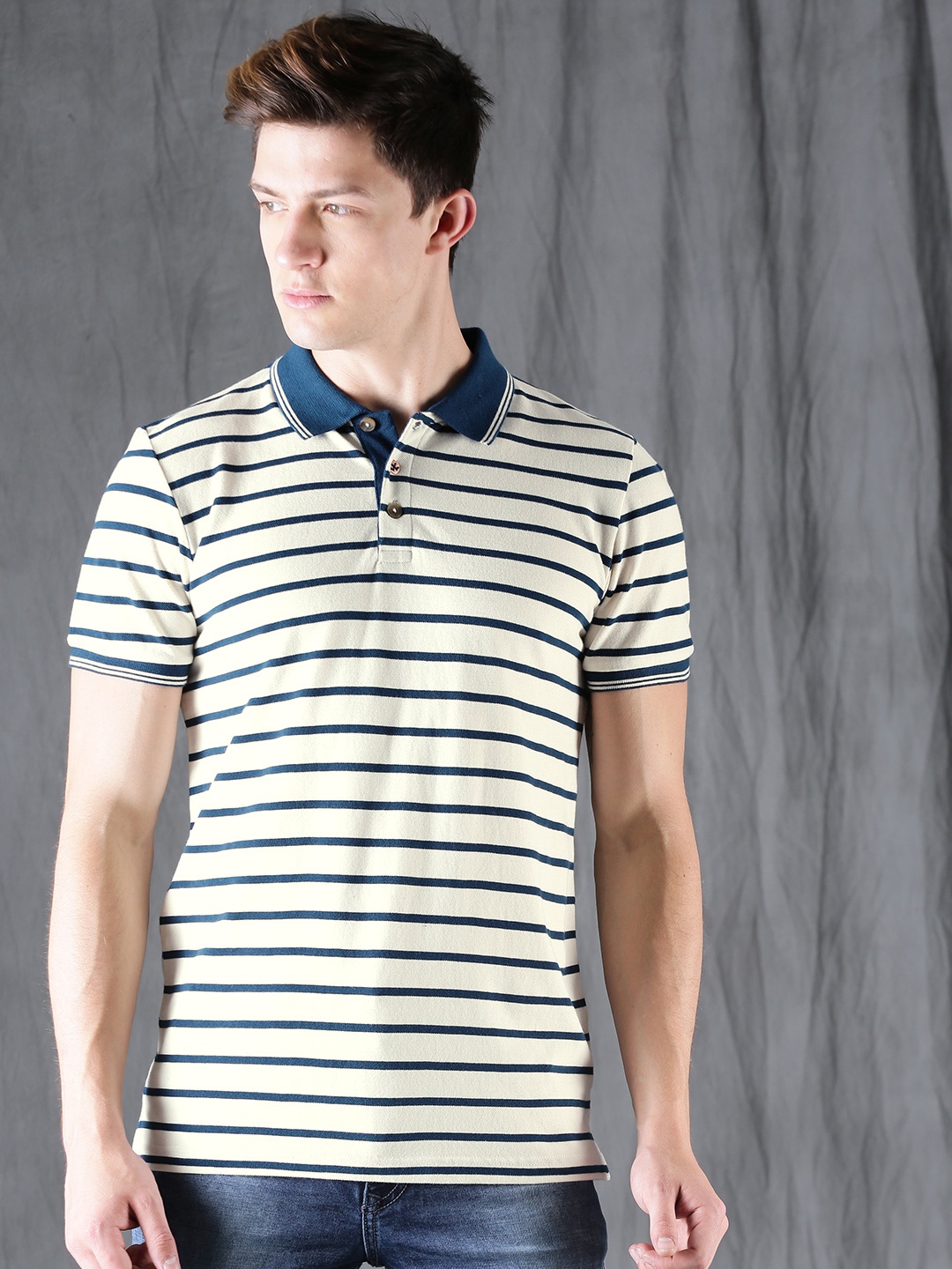 

WROGN Men Off-White Navy Striped Polo Pure Cotton T-shirt