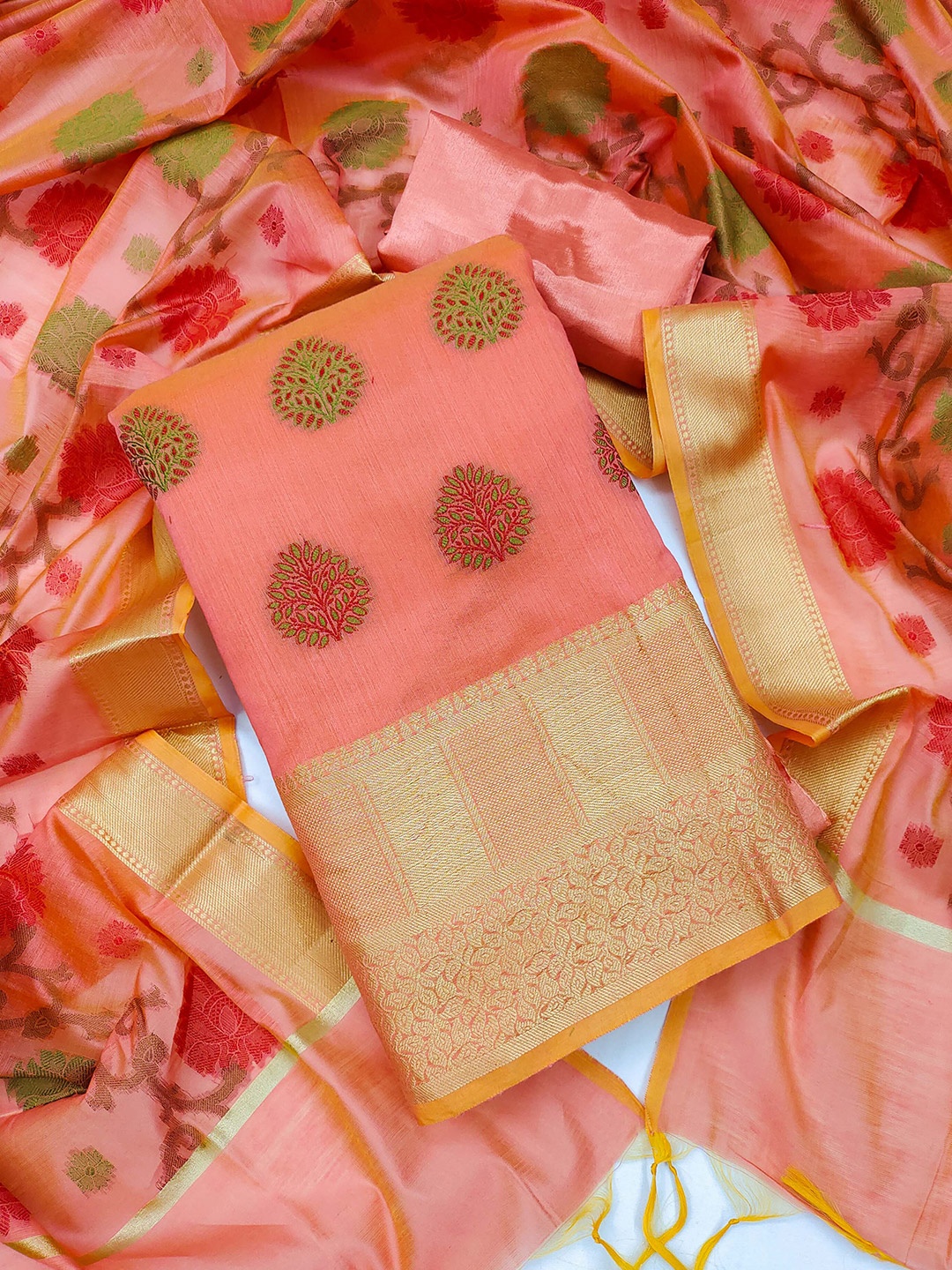 

SHADOW & SAINING Ethnic Motifs Woven Design Unstitched Dress Material, Peach