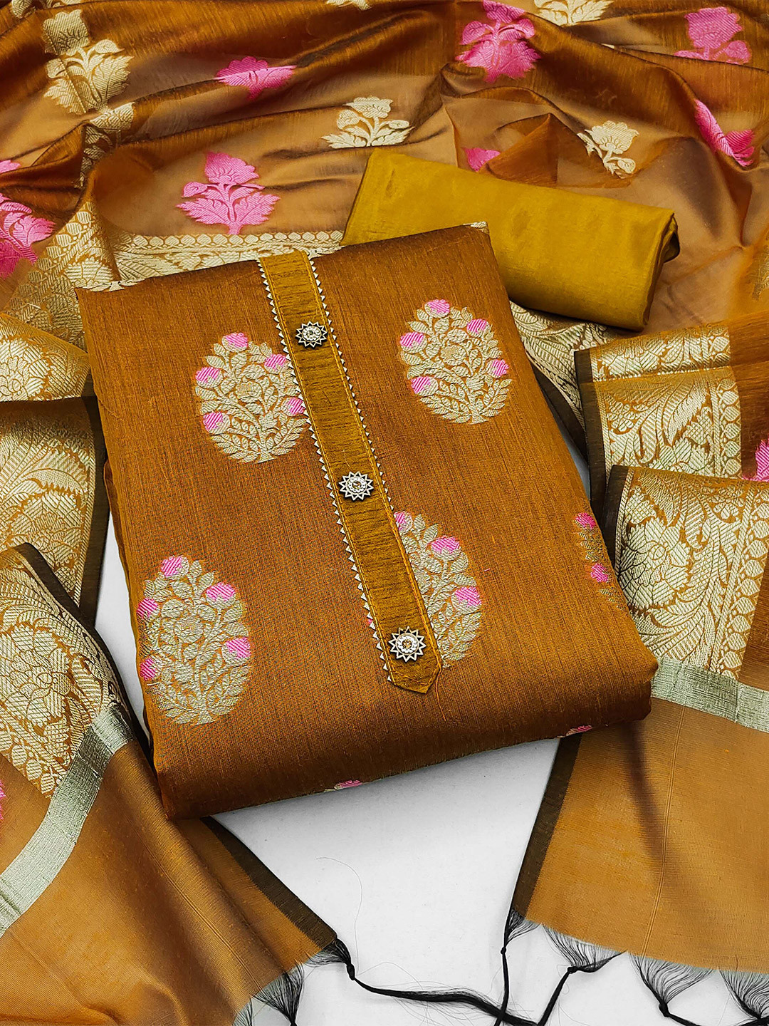 

SHADOW & SAINING Ethnic Motifs Woven Design Unstitched Dress Material, Mustard