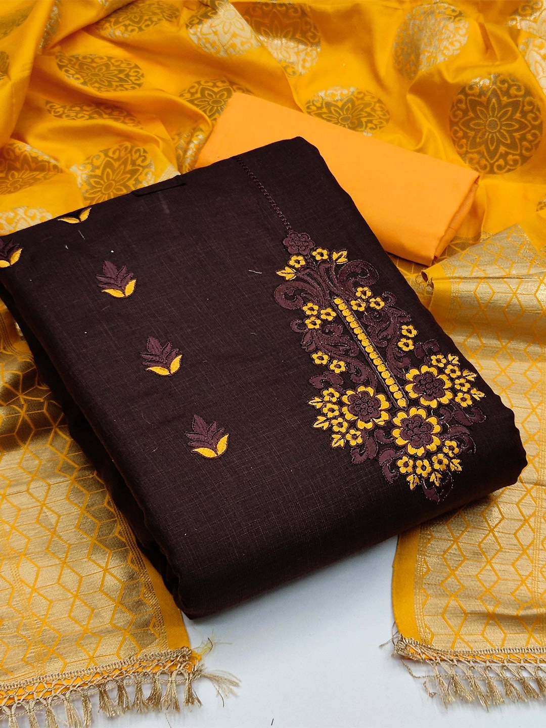 

SHADOW & SAINING Ethnic Motifs Embroidered Unstitched Dress Material, Brown