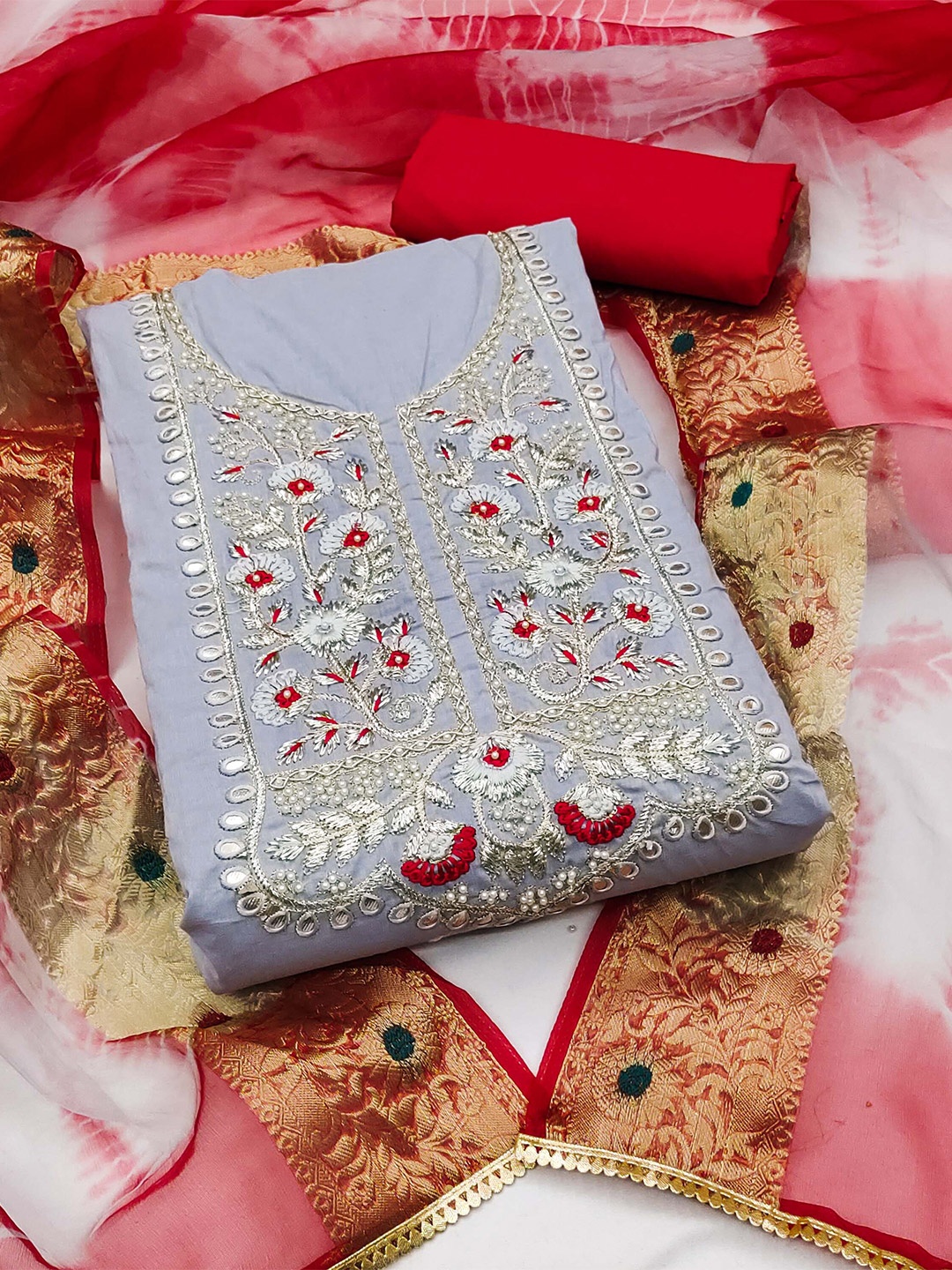 

SHADOW & SAINING Floral Embroidered Unstitched Dress Material, Grey