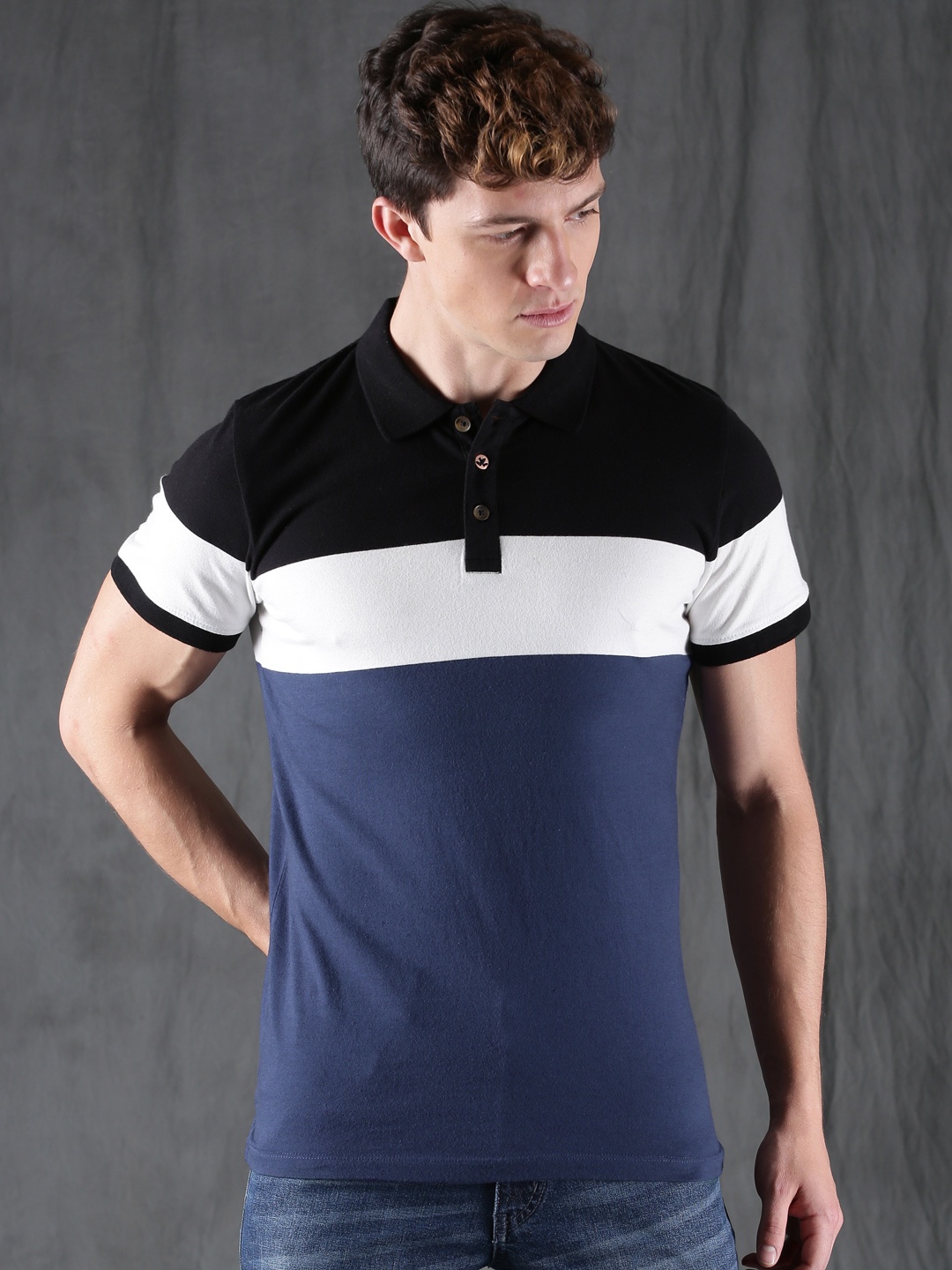 

WROGN Men Blue & Black Colourblocked Polo T-shirt