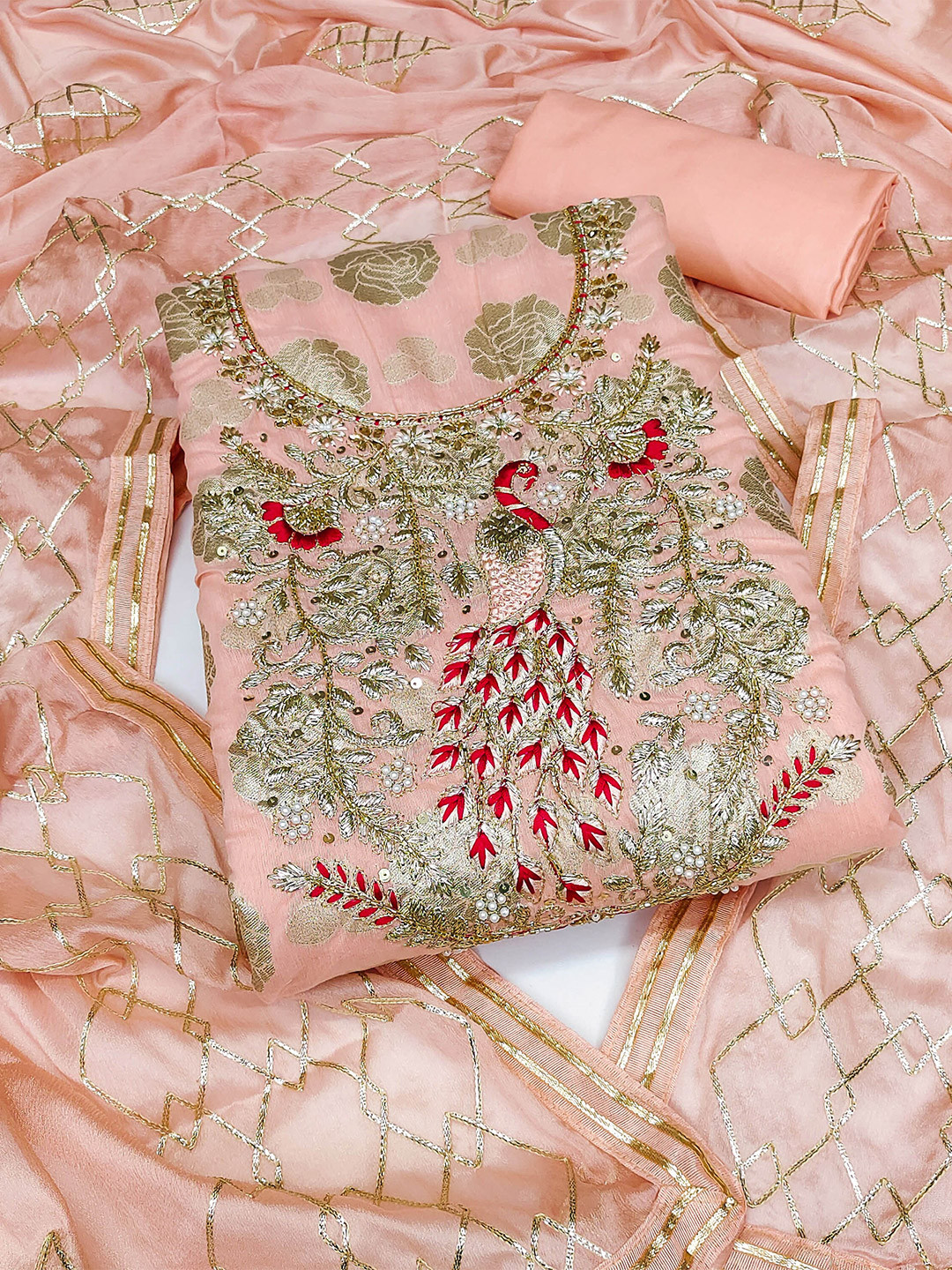 

SHADOW & SAINING Embellished Unstitched Dress Material, Peach