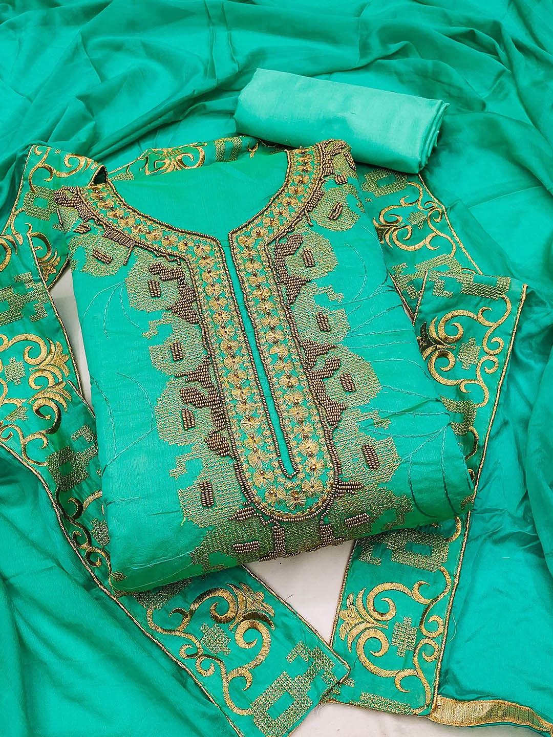 

SHADOW & SAINING Ethnic Motifs Embroidered Unstitched Dress Material, Sea green