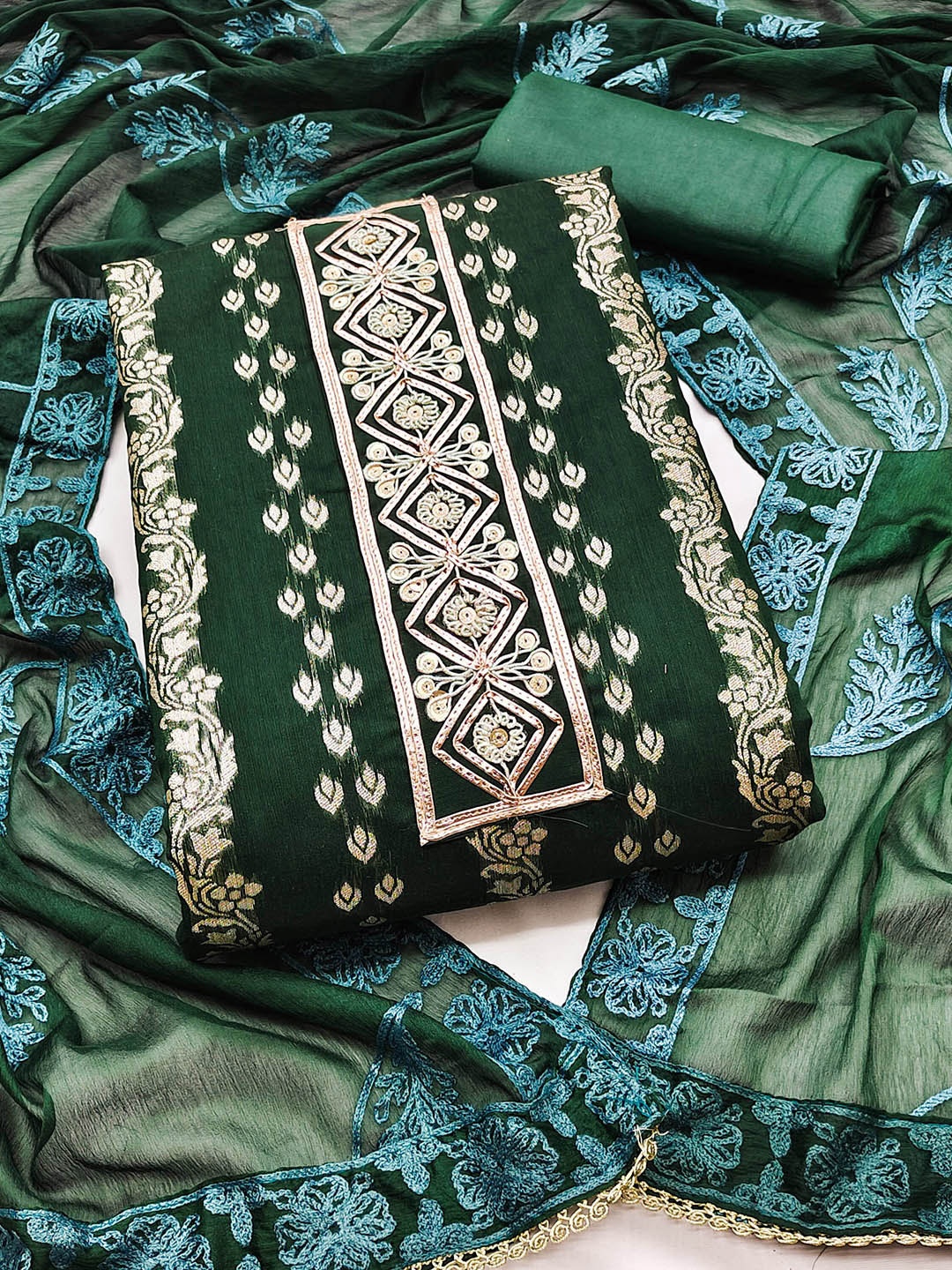 

SHADOW & SAINING Ethnic Motifs Woven Design Zari Unstitched Dress Material, Green