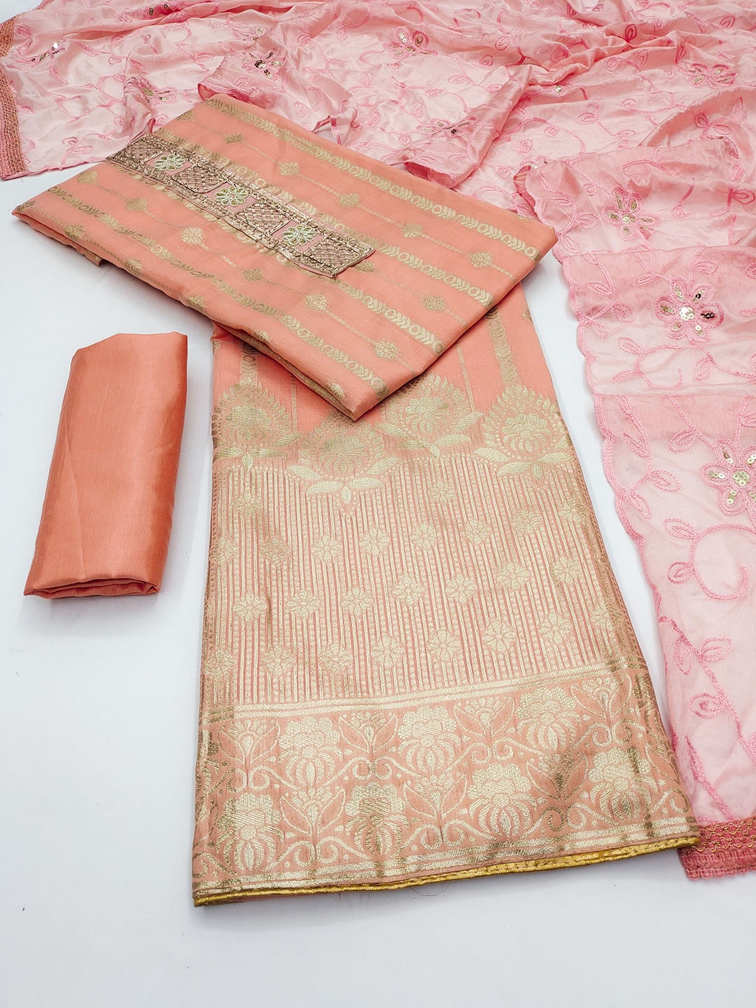 

SHADOW & SAINING Ethnic Motifs Woven Design Unstitched Dress Material, Peach