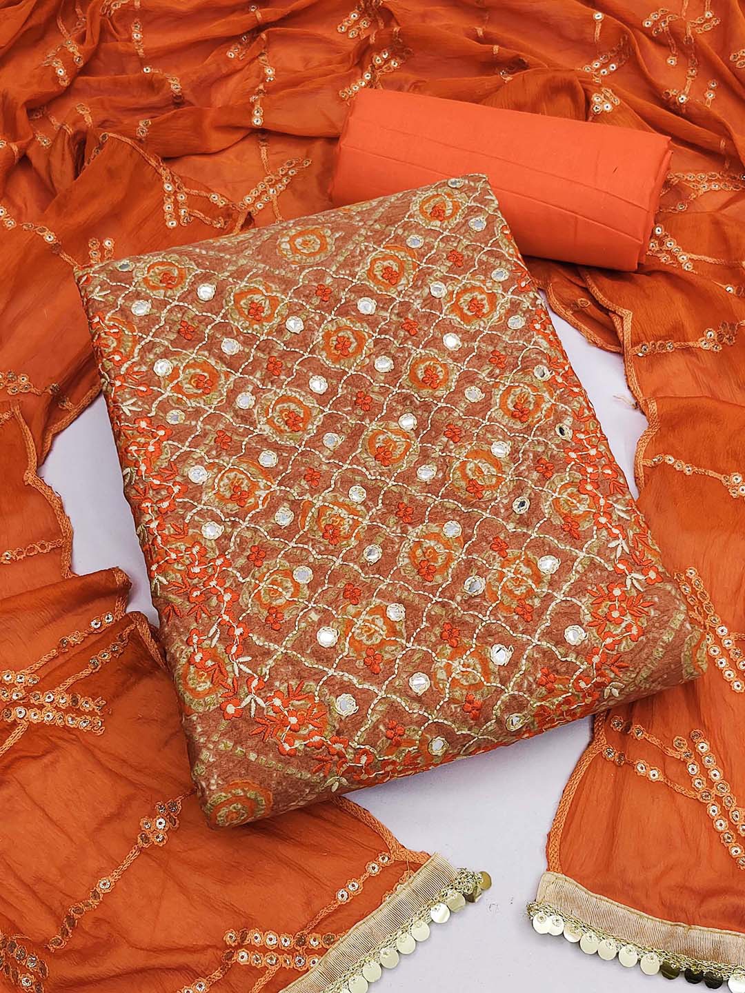 

SHADOW & SAINING Embroidered Unstitched Dress Material, Orange