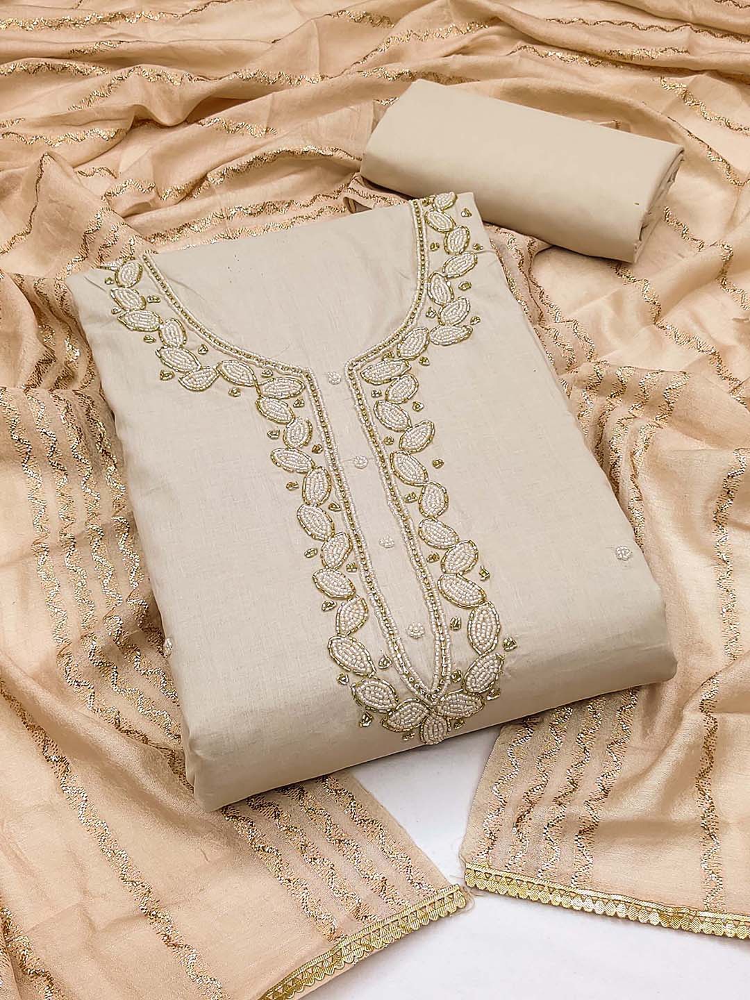 

SHADOW & SAINING Embellished Unstitched Dress Material, Beige