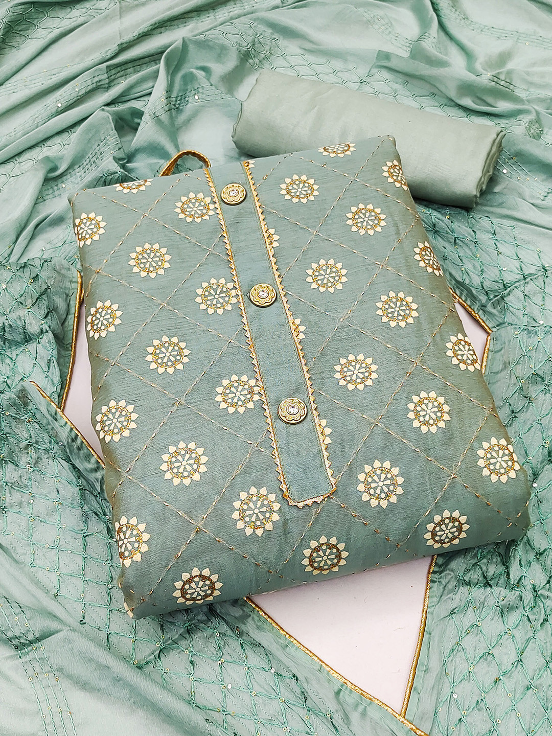 

SHADOW & SAINING Ethnic Motifs Foil Printed Gotta Patti Unstitched Dress Material, Sea green