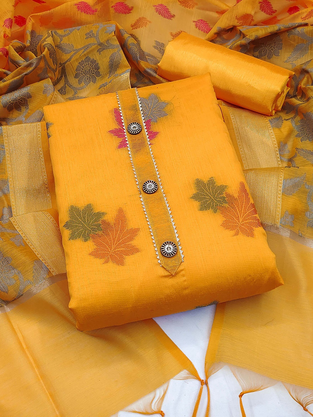 

SHADOW & SAINING Floral Woven Design Unstitched Dress Material, Yellow