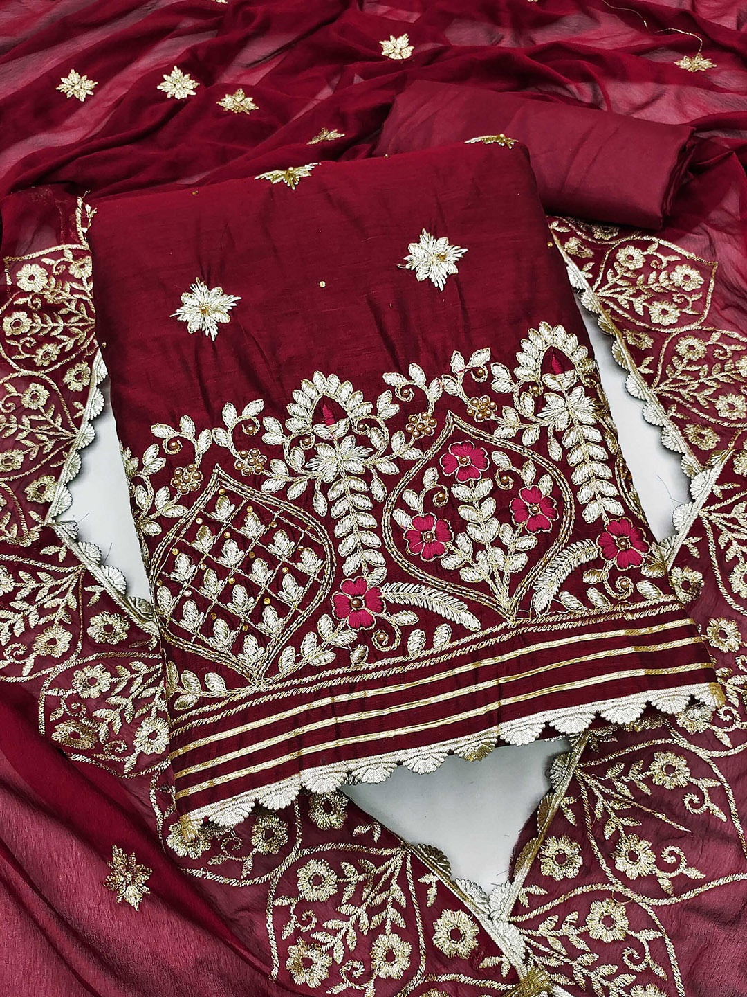 

SHADOW & SAINING Embroidered Unstitched Dress Material, Maroon