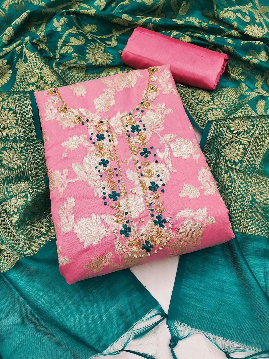 

SHADOW & SAINING Floral Woven Design Unstitched Dress Material, Pink