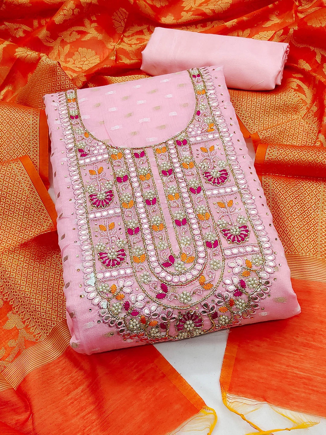 

SHADOW & SAINING Woven Design Bead Mirror Work Banarasi Jacquard Unstitched Dress Material, Pink