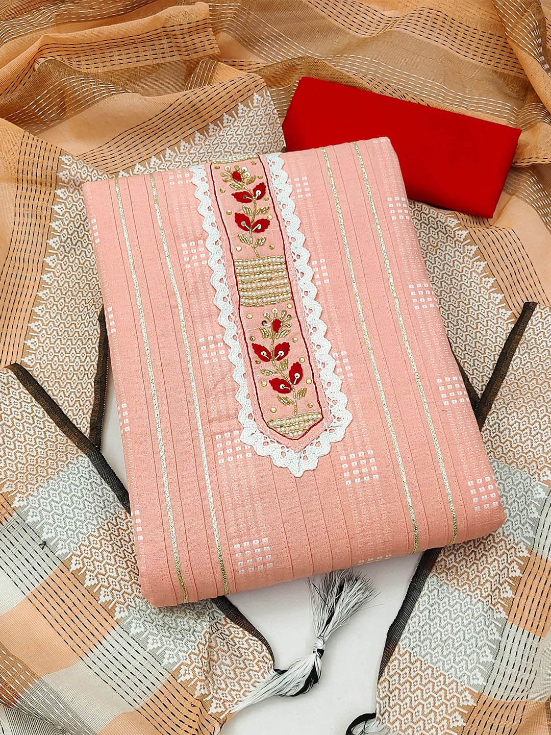 

SHADOW & SAINING Woven Design Beaded Unstitched Dress Material, Peach