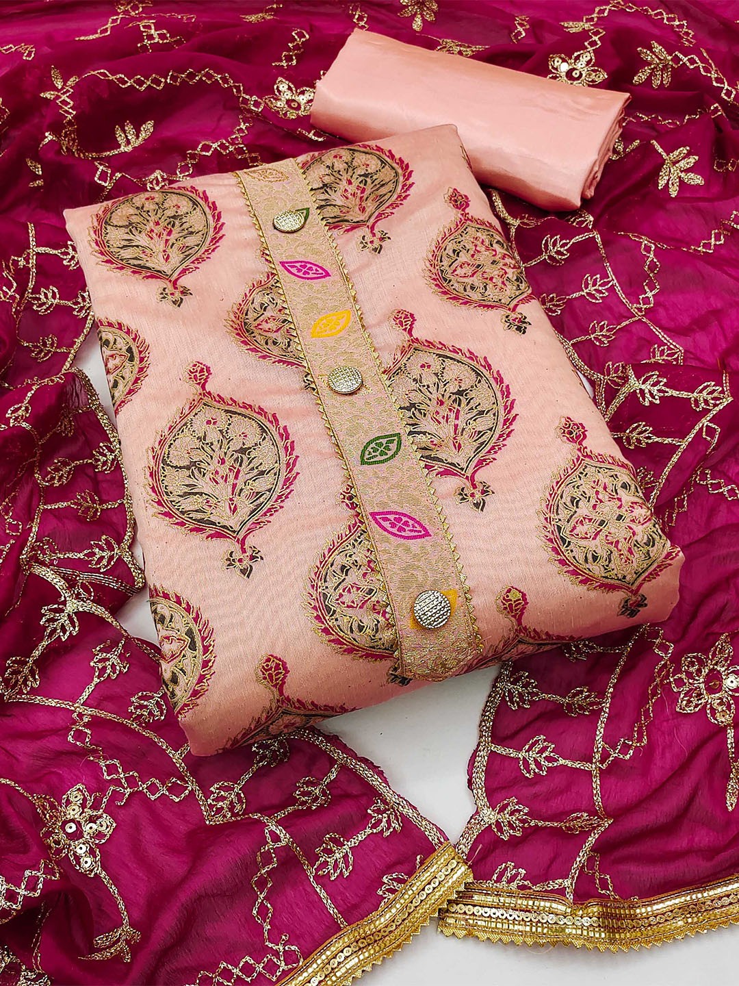 

SHADOW & SAINING Ethnic Motifs Printed Gotta Patti Unstitched Dress Material, Pink