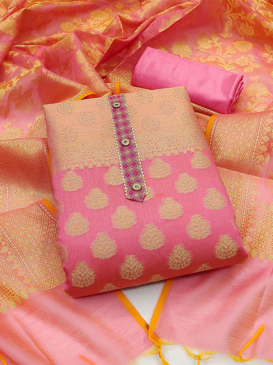 

SHADOW & SAINING Ethnic Motifs woven Design Unstitched Dress Material, Pink