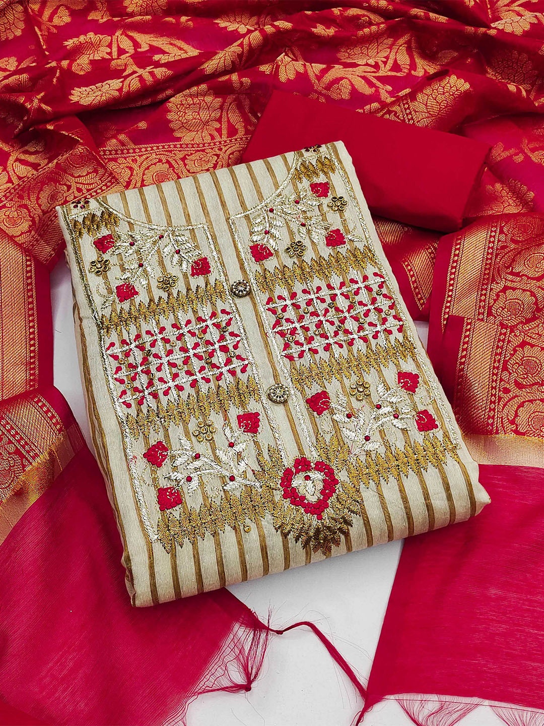 

SHADOW & SAINING Embroidered Beaded Unstitched Dress Material, Beige