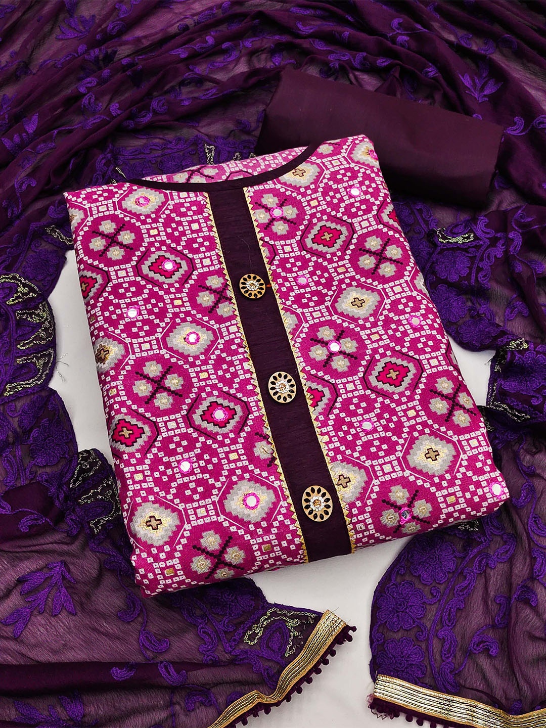 

SHADOW & SAINING Ethnic Motif Printed Mirror Work Unstitched Dress Material, Pink