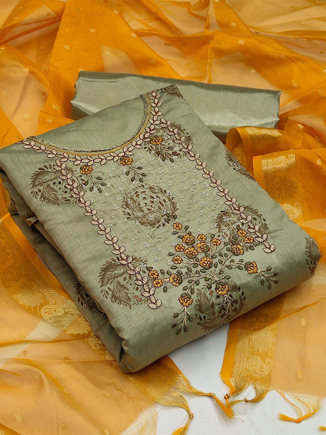 

SHADOW & SAINING Floral Embroidered Unstitched Dress Material, Grey